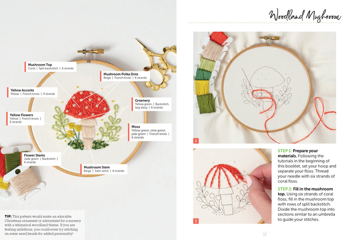 The Sunny Stitches Embroidery Kit Woodland Mushroom by Schiffer Publishing, Ltd. features a woodland mushroom design with labeled parts, instructions, color threads, and step-by-step images—ideal for mushroom embroidery fans.