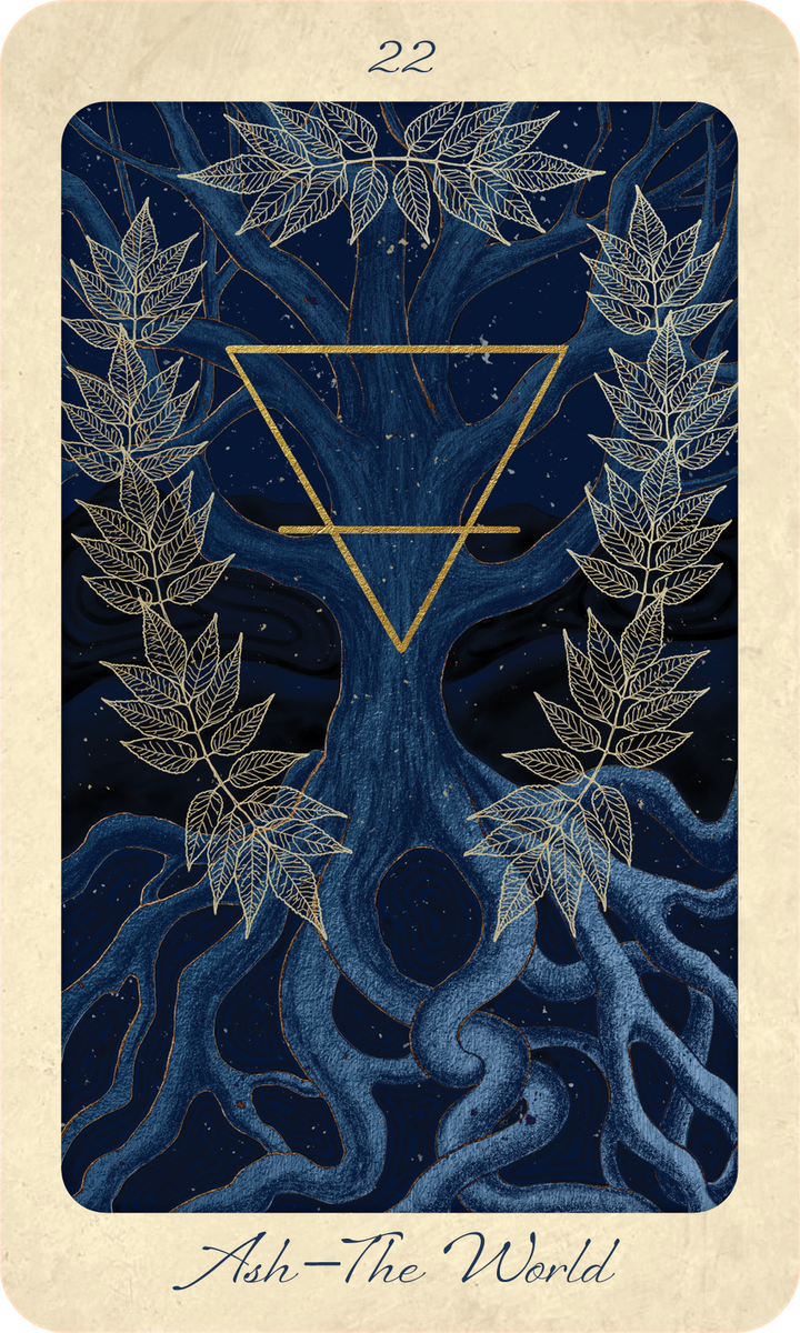 A card from The Tree Tarot by Schiffer Publishing, Ltd. displays a blue tree with gold leaves and roots, centered with a gold triangle against a starry night sky. The card features the number 22 at the top and Ash—The World at the bottom, encapsulating forest wisdom in its detailed design.