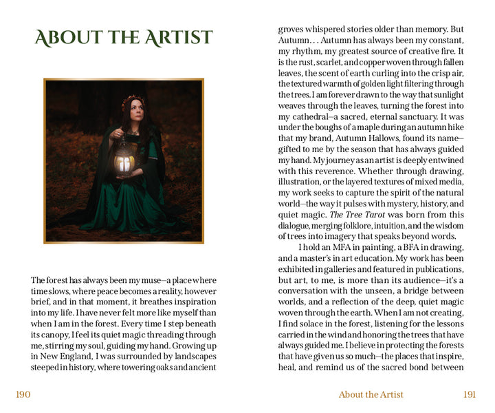 A two-page spread from The Tree Tarot by Schiffer Publishing, Ltd. features the heading ABOUT THE ARTIST on the left page, accompanied by text exploring the artist’s inspirations and life story, with particular emphasis on how forest wisdom has shaped their creative vision. The right page continues this narrative, delving into how these natural influences guide the artist’s process and personal journey—especially as reflected in their creation of The Tree Tarot deck.