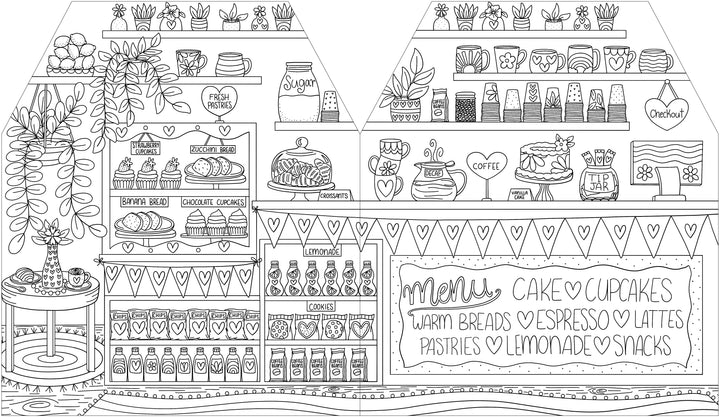 Black and white line illustration of a cozy bakery counter adorned with cakes, cupcakes, pastries, lemonade bottles, plants, and a handwritten menu board listing cakes, breads, espresso drinks, lattes, pastries, lemonade, and snacks—ideal for coloring in *A Day in Cozy Town: The Cute Café Coloring and Sticker Book* by Schiffer Publishing, Ltd. or for pairing with Cozy Town stickers to add extra charm.
