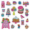 Charming doodle-style stickers featuring cakes, donuts, pastries, cupcakes, coffee mugs, flowers, a bird, and a Café open sign with floral accents—whimsical and vibrant café-themed illustrations inspired by *A Day in Cozy Town: The Cute Café Coloring and Sticker Book* from Schiffer Publishing, Ltd. The perfect cheerful touch for any Cozy Town sticker collection!.