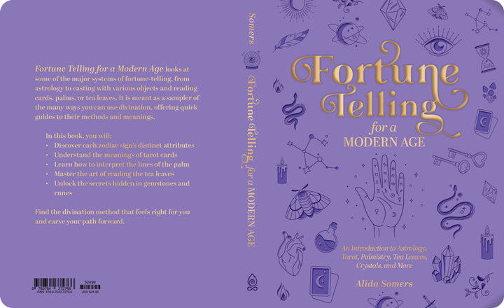 Purple book jacket for Fortune Telling for a Modern Age, decorated with gold and white celestial and mystical illustrations of a palm, tarot cards, and crystals.