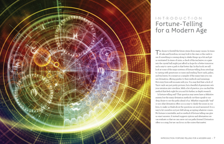 A circular zodiac chart with celestial markings and geometric patterns on a glowing gradient background, displayed next to a page from Fortune Telling for a Modern Age.