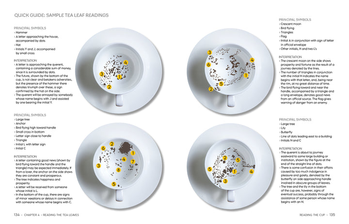 A two-page spread from Fortune Telling for a Modern Age featuring four overhead views of tea cups with dregs, each labeled with numbered symbols and interpretations for tea leaf divination.