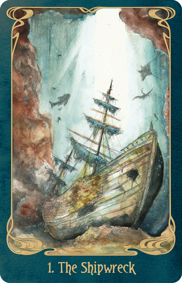 Watercolor illustration of a wooden ship resting on the ocean floor surrounded by fish and divers, featured on the Oracle of the Mythical Ocean card titled 1. The Shipwreck.