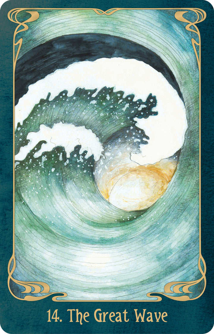 Oracle of the Mythical Ocean oracle card featuring a large, swirling wave illustration with the text 14. The Great Wave at the bottom.