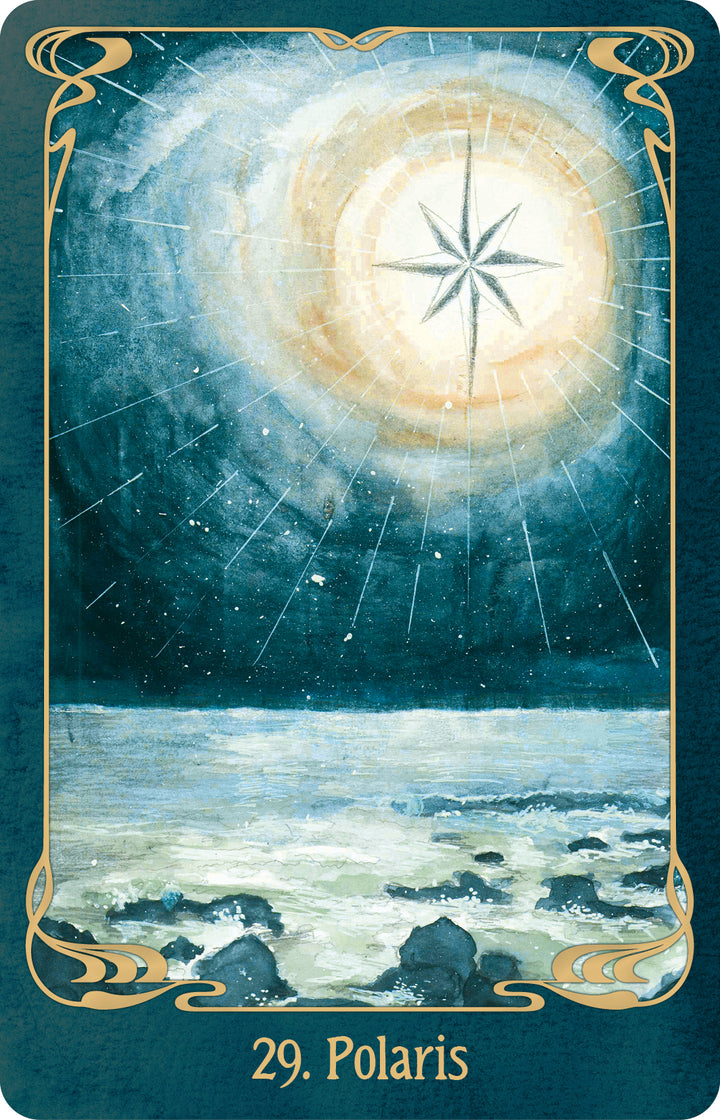 A tarot card from the Oracle of the Mythical Ocean set featuring a bright, radiating star above a dark night ocean, labeled with the number 29 and the name Polaris at the bottom.