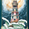 Watercolor illustration of a lighthouse from the Oracle of the Mythical Ocean tarot set, surrounded by crashing waves under a large, glowing moon, with the text 30. The Lighthouse at the bottom.