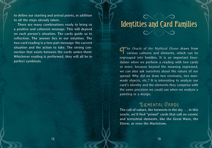 Pages 18 and 19 of the Oracle of the Mythical Ocean guidebook, featuring headings for Identities, Card Families, and Elemental Cards with explanations on interpreting card combinations and elemental themes.