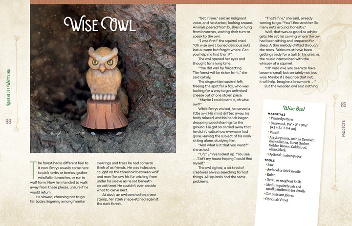 A charming scene from Adventure Whittling by Schiffer Publishing, Ltd. features a wide-eyed polymer clay owl perched on a small wooden pedestal, leaning against a textured tree trunk. Highlighted in a craft magazine layout with detailed instructions, this project is ideal inspiration for beginners eager to try step-by-step whittling while incorporating polymer clay creations.