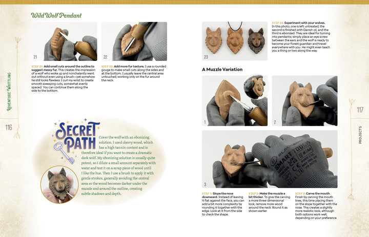 Discover a step-by-step guide with photos from Adventure Whittling by Schiffer Publishing, Ltd., perfect for beginner carving projects. This tutorial demonstrates hands in gloves using wood carving tools to create a wooden wolf face pendant, and includes tips, diagrams for muzzle variations, and advice on finishing touches.