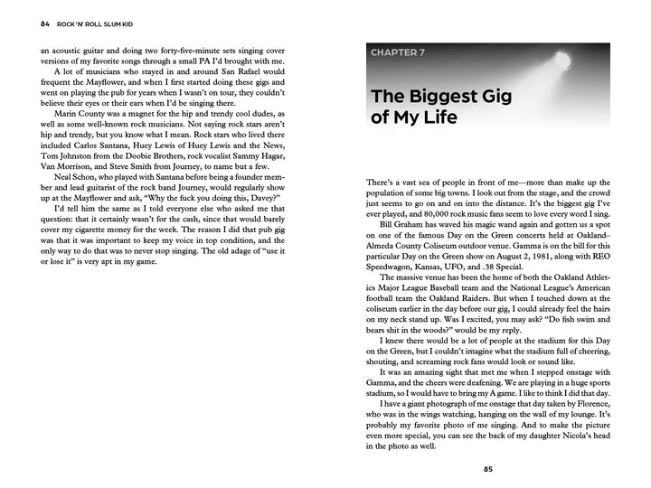 A two-page book spread with text and a photo. The right page, titled CHAPTER 7: The Biggest Gig of My Life, features a Gamma band onstage photo from Rock ’n’ Roll Slum Kid by Schiffer Publishing, Ltd.
