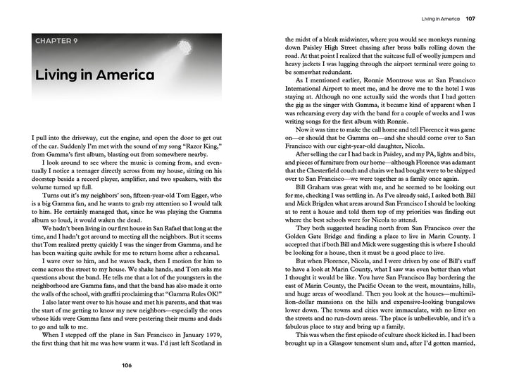 A book page from Rock ’n’ Roll Slum Kid by Schiffer Publishing, Ltd. shows a grayscale house and trees with the chapter title, as Davey Pattison recalls his classic rock arrival in San Francisco.