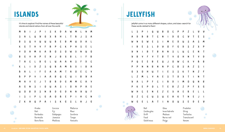 Experience the KindKids Awesome Ocean Adventure Puzzle Book from Schiffer Publishing, Ltd., featuring two engaging word search puzzles: “Islands,” highlighted by an island illustration, and “Jellyfish,” complete with playful jellyfish illustrations. Each puzzle includes a handy word list beneath the grid, all set against a crisp white background adorned with blue bubbles—perfect for enhancing any summer activity book or collection of kids’ puzzles.