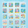 A vibrant grid of cartoon-style ocean and nature scenes—including sea animals, mermaids, dolphins, unicorns, fish, and flowers—displayed as painting ideas on a blue background provides perfect inspiration for the I Heart Art Ocean Friends Watercolor Paint Pad by Schiffer Publishing, Ltd., an ideal choice for kids’ mess-free art projects.