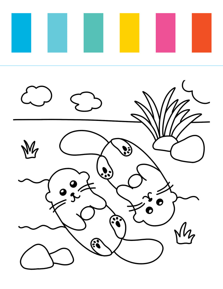 Two otters float on their backs in a river, holding paws, surrounded by rocks, grass, and clouds. Above them are six color swatches (blue, cyan, teal, yellow, pink, red) that make perfect inspiration for the I Heart Art Ocean Friends Watercolor Paint Pad by Schiffer Publishing, Ltd.