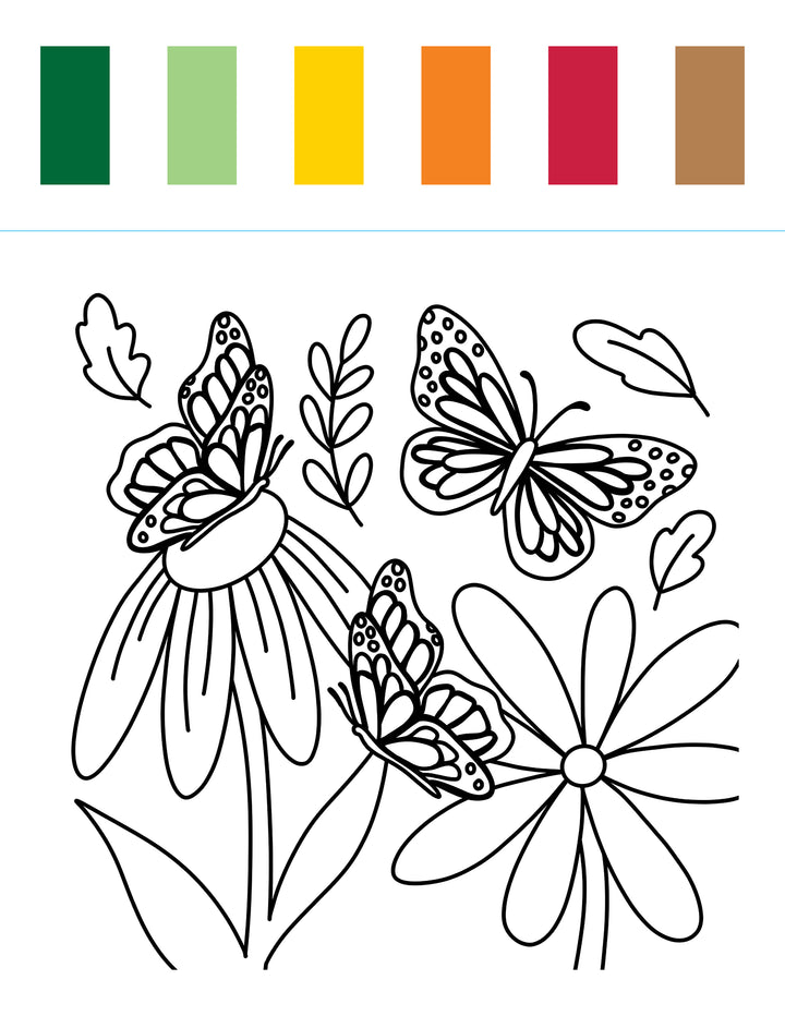 Coloring page from the I Heart Art Forest Friends Watercolor Paint Pad by Schiffer Publishing, Ltd. features two butterflies and two flowers with leaves above. At the top, six paint swatches—green, light green, yellow, orange, red, and brown—are displayed as color options. Perfect for any kids painting book or watercolor paint pad with whimsical forest designs.