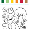 Line drawing of a fox, bird, tree, mushroom, and plants with six rectangular color swatches (green, light green, yellow, orange, red-orange, brown) above the illustration—perfect for inspiring creativity in any kids painting book or watercolor paint pad like the I Heart Art Forest Friends Watercolor Paint Pad by Schiffer Publishing, Ltd., featuring charming forest designs.