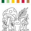 This delightful black-and-white line illustration from the I Heart Art Forest Friends Watercolor Paint Pad by Schiffer Publishing, Ltd. features a whimsical frog perched between two mushrooms surrounded by plants. Above the scene are six rectangular color swatches—dark green, light green, yellow, orange, red, and brown—perfect for inspiring creativity in children. Ideal for use as a kids painting book or watercolor paint pad.