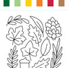 Six color swatches—green, light green, yellow, orange, red, and brown—appear above black-outlined drawings of autumn leaves, an acorn, and a pine cone on a white background. The I Heart Art Forest Friends Watercolor Paint Pad by Schiffer Publishing, Ltd. is perfect for kids’ painting projects; these forest-inspired designs encourage creativity and artistic exploration.