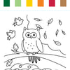 The I Heart Art Forest Friends Watercolor Paint Pad by Schiffer Publishing, Ltd. features a charming coloring page with an owl perched on a branch, two birds in flight, falling leaves, flowers, and scenic mountains—beautifully capturing enchanting forest designs. Above the illustration are six colored rectangles—green, light green, yellow, orange, red, and brown—to inspire your creativity. Perfect for kids’ painting books or using with your favorite watercolor paint pad.