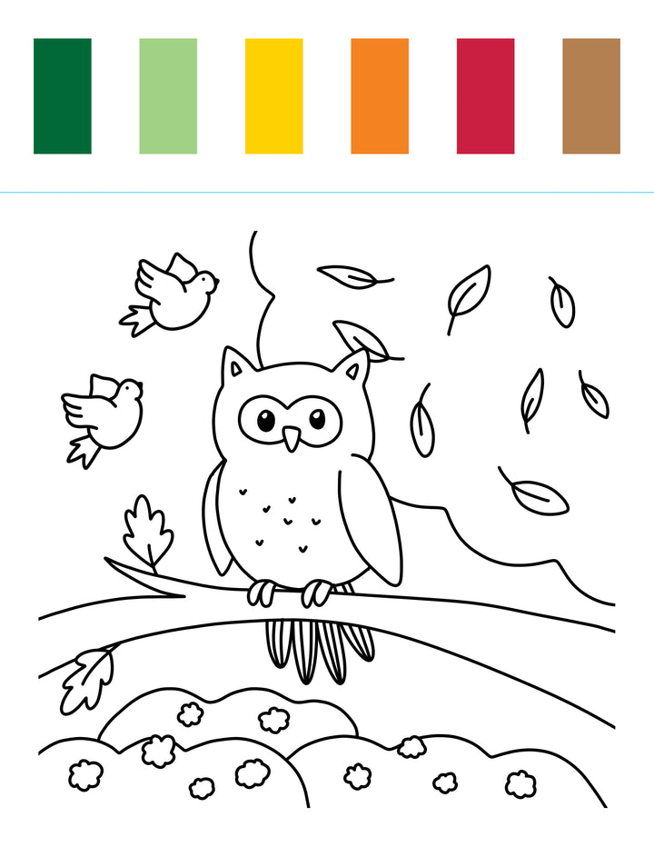 The I Heart Art Forest Friends Watercolor Paint Pad by Schiffer Publishing, Ltd. features a charming coloring page with an owl perched on a branch, two birds in flight, falling leaves, flowers, and scenic mountains—beautifully capturing enchanting forest designs. Above the illustration are six colored rectangles—green, light green, yellow, orange, red, and brown—to inspire your creativity. Perfect for kids’ painting books or using with your favorite watercolor paint pad.