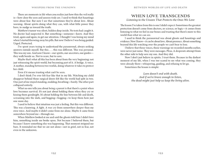 Two open pages of the book Whispers from the Unknown, featuring the chapter titles WHISPERS FROM THE UNKNOWN and WHEN LOVE TRANSCENDS: Listening to the Unseen That Protects the Ones We Love.