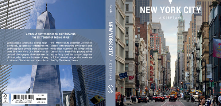 The New York City photo book cover features a bustling Manhattan street scene on the front and One World Trade Center on the back, accompanied by descriptive text about the city.