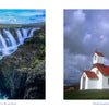 A split view of a Kolugljúfur Canyon waterfall alongside the white wooden Víðidalstungukirkja church under a cloudy sky, featured in the Iceland book by Schiffer Publishing, Ltd.