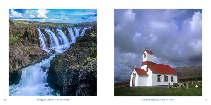 A split view of a Kolugljúfur Canyon waterfall alongside the white wooden Víðidalstungukirkja church under a cloudy sky, featured in the Iceland book by Schiffer Publishing, Ltd.
