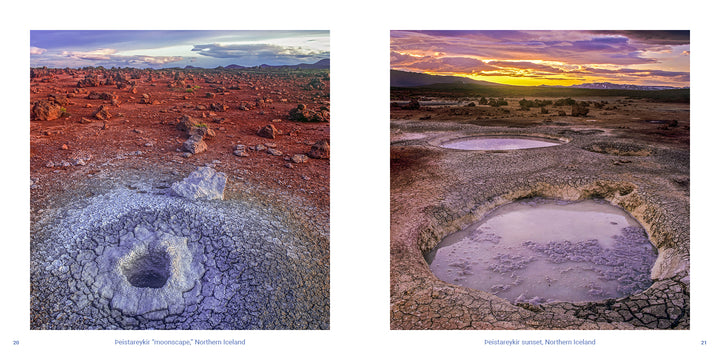 Two photographs of the volcanic landscape in the Schiffer Publishing, Ltd. Iceland book, showing a rocky, cracked earth terrain and geothermal mud pools under a sunset sky, capturing the raw essence of Iceland volcanoes.