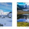 A split view of the Iceland landscape showing Svínafellsjökull glacier during a snowy winter on the left and reflecting in a lake during summer on the right.