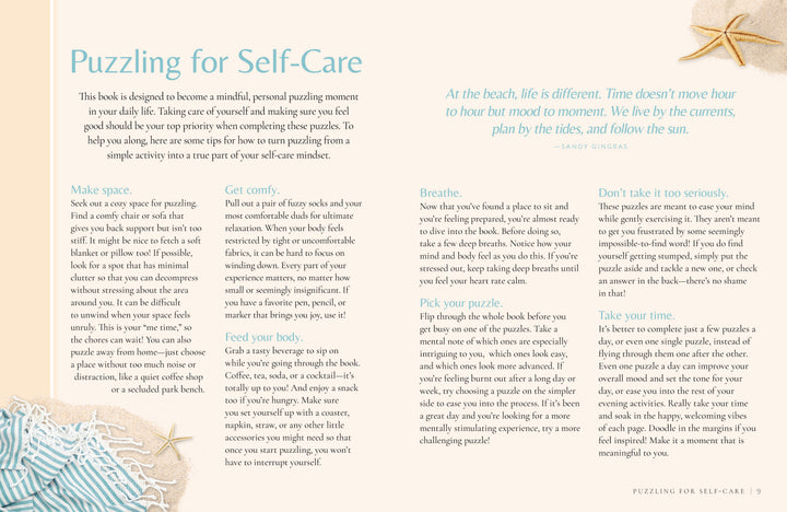 A magazine page titled MindfulMoments Word Search Coastal Escape by Schiffer Publishing, Ltd. features self-care tips, decorative seashells, starfish, and a blue-striped cloth in the bottom left corner for a beach-inspired aesthetic. Embracing coastal themes and promoting mindful moments, the page encourages relaxation through word search puzzles and thoughtful activities.