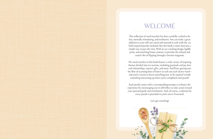 A copy of “MindfulMoments Word Search Inspired Living” by Schiffer Publishing, Ltd. lies open to a welcoming message on the right page, surrounded by pressed flowers, wrapped gifts, and dried lavender along the bottom edge, all set against a soft beige background featuring a checkered pattern on the left side.