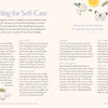 A magazine page titled “Puzzling for Self-Care” featuring text, small images of citrus, tea, and flowers, along with tips for making space, getting comfy, finding a good spot, and choosing an inspirational activity book such as MindfulMoments Word Search Inspired Living from Schiffer Publishing, Ltd.
