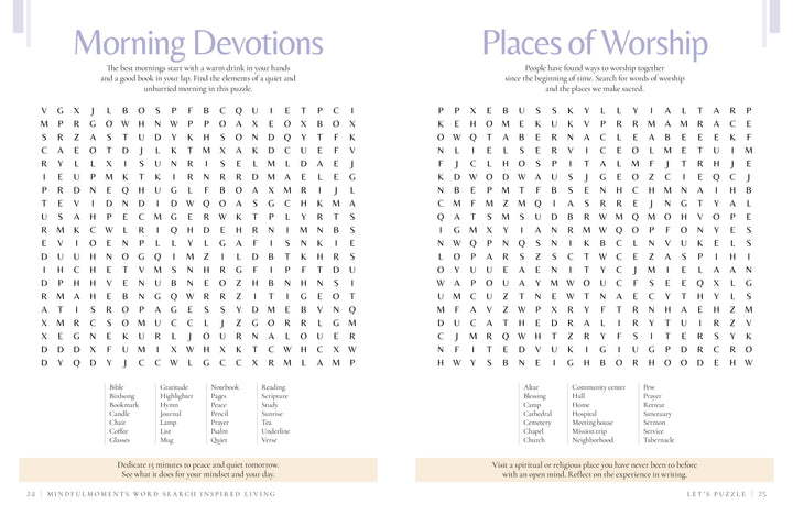 Two word-search puzzles titled Morning Devotions and Places of Worship are side by side, each featuring a grid of letters and a corresponding list of words to find. With its soft purple headings and light beige decorative accents, this page from Schiffer Publishing, Ltd.’s MindfulMoments Word Search Inspired Living is a comforting addition to any inspirational activity book or faith-inspired puzzle collection.