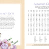A two-page magazine spread: the left page showcases MindfulMoments Word Search Inspired Living by Schiffer Publishing, Ltd., featuring inviting text with a butterfly and flower graphic that encourages mindfulness activities; the right page contains an “Autumn’s Glory” word search puzzle framed by a decorative border—an ideal treat for fans of word-search puzzles.
