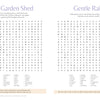 Two word-search puzzles, The Garden Shed and Gentle Rain, appear with themed word lists beneath each grid on a white background featuring purple headings and soft brown accents—an ideal mindfulness activity from Schiffer Publishing, Ltd.’s faith-inspired puzzle book MindfulMoments Word Search Inspired Living.
