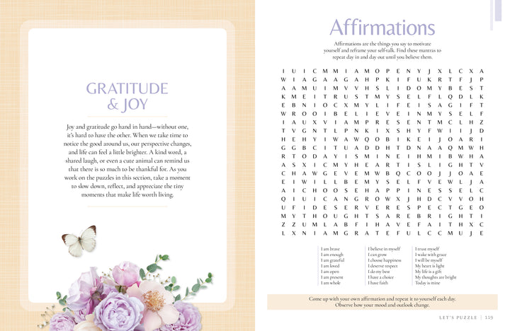 Experience a tranquil two-page spread from MindfulMoments Word Search Inspired Living by Schiffer Publishing, Ltd. The left page features uplifting “Gratitude & Joy” text, delicate butterfly and floral illustrations, and an inspiring gratitude message. On the right, immerse yourself in an Affirmations word search puzzle with a curated word list designed to encourage mindful reflection. Soft pastel tones create a calm and inviting atmosphere throughout this peaceful layout.