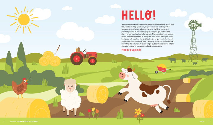 A smiling cow, a sheep, and a chicken gather in a farm scene with a sun, tractor, hay bales, and a windmill on the cover of the KindKids Fun on the Farm Puzzle Book.