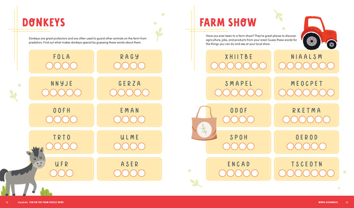 A two-page spread from the KindKids Fun on the Farm Puzzle Book featuring agricultural word scrambles, a donkey, and a red tractor.