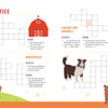 A KindKids Fun on the Farm Puzzle Book page featuring crosswords about barns and animals, illustrated with a red barn, a horse, a bird in a nesting box, a dog, and a puppy.