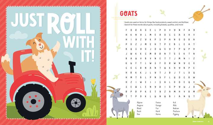 A two-page spread from the KindKids Fun on the Farm Puzzle Book featuring a cartoon dog on a red tractor with the text Just roll with it! on the left and a goats word search puzzle with illustrated goats at the bottom on the right.