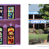 Six colorful stained-glass windows depicting musical figures in a brick building next to a large guitar sculpture at an outdoor plaza, featured in the Nashville travel guide by Schiffer Publishing, Ltd.