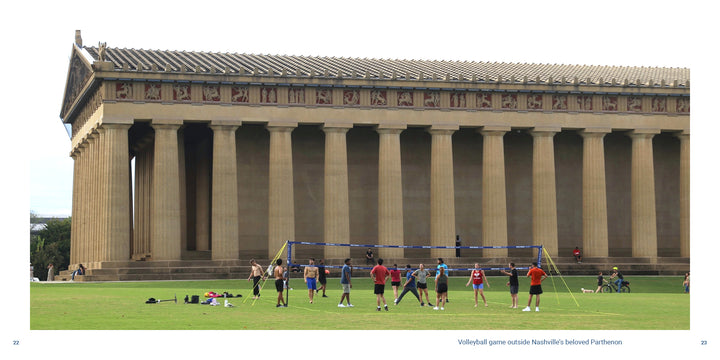 People play volleyball on a grass field in front of the full-scale Parthenon replica, featured in the Nashville book by Schiffer Publishing, Ltd.