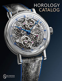 A detailed mechanical wristwatch with an exposed skeleton movement is displayed on the cover of a catalog titled Horology Catalog. The watch has a metallic case, textured leather strap, and intricate inner gears.