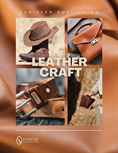 Book cover for Leather Craft featuring four images: a cowboy hat and boots on sand, a brown leather briefcase, leather belts, and hands holding a leather wallet—all set against a brown leather background.