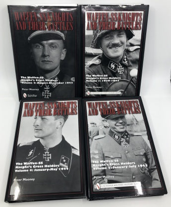 The Waffen SS Knights Bundle by Schiffer Publishing is displayed, featuring covers with black and white photos of decorated WWII German soldiers in uniform with visible medals.