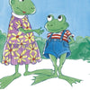 In "The Silly Looking Thing" by Schiffer Publishing, Ltd., a mother frog in a flower dress chats with her son, Itsy-Bitsy Boy Frog, dressed in blue overalls—a heartwarming children’s scene of friendship and nature for early readers.