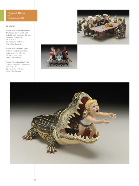 A page from "Humor in Craft" by Schiffer Publishing, Ltd. features three ceramic sculptures: sailors playing cards, three women together, and a large crocodile with a child inside—highlighting humor in contemporary craft.
